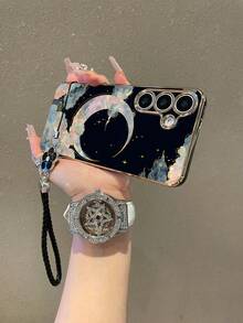1pc Black Electroplated TPU Star & Moon Pattern Shockproof Full Coverage Phone Case And 1pc Black Drip Glue Rhinestone Flower Leather Wrist Strap Compatible With Samsung A14/A54/A56/A31 4G/A23, OPPO A98, S24/S25 Ultra, Redmi A5 13C 14C, Redmi Note 14 Pro 4G, Redmi Note 15 Pro, Redmi K60 Ultra - Multicolor - View 4