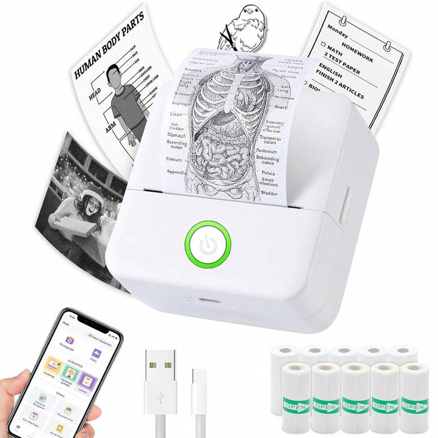 PRINHSJI Mini impresora, impresora portátil sin tinta con 10 rollos de papel térmico, impresora de bolsillo pequeña para imágenes, fotos, diarios, manualidades, uso doméstico y de oficina