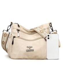 Bolso bandolera de mujer de unicolor con múltiples bolsillos, mochila de tela suave para mediana edad, nuevo estilo de primavera/otoño con decoración metálica, bolso de hombro sencillo - Blanco - Ver 4