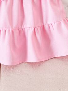 1件装 女童可爱荷叶边吊带粉色连衣裙，春夏款 - 粉色 - 查看 6