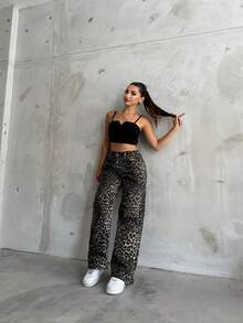 Women's High Waist Leopard Print Wide Leg Loose Casual Pants - Grey - View 5