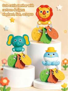 Infant Teething Rattle Toy, Early Education Toy, Helps Develop Baby's Hand-Eye Coordination, Cute Cartoon Pattern Design With Lion, Elephant And Octopus, Ideal Gift For Newborns - Multicolor - View 6