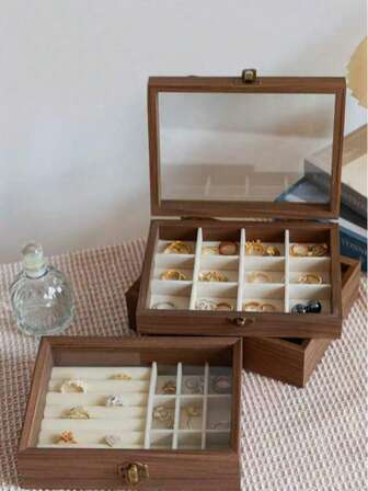 1个复古中国风首饰收纳盒，带玻璃盖防尘，复古木质首饰盒，黑胡桃木首饰盒，可上锁天鹅绒首饰盒，玻璃展示首饰盒，桌面首饰收纳盒，大容量抗氧化首饰盒，适用于项链、手链、戒指等，送给女友/妻子的礼物，桌面展示盒，情人节礼物