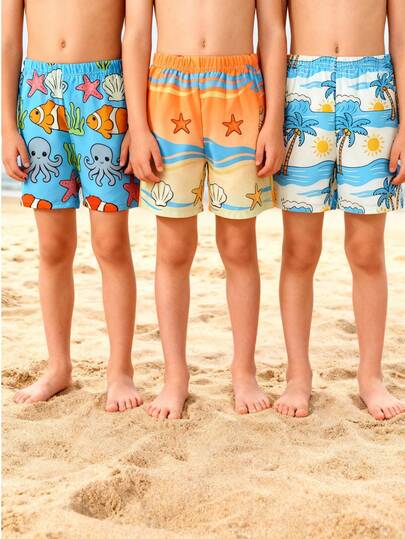 3pcs/Set Boys' Tropical Beach Vacation Casual Cartoon Underwater World Digital Print Shorts