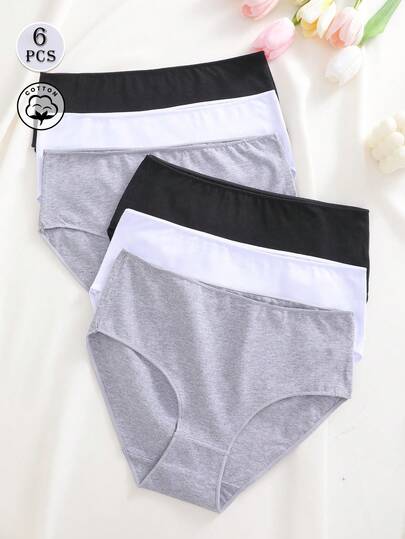6 piezas de bragas de algodón de unicolor y cintura alta, transpirables, adecuadas para vacaciones y uso diario