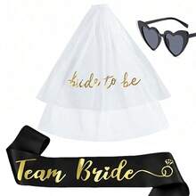 1/3pcs Bridal Shower Accessories Set, Includes Shoulder Strap, Veil, Heart Glasses, Gold Foil "Bride To Be" Design, Bride & Bridesmaid Shoulder Strap, Suitable For Wedding, Bachelorette Party Decorations - Multicolor - View 11