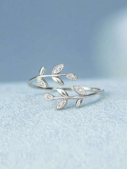 1pc Cubic Zirconia Leaf Adjustable Ring, Suitable For Party Jewelry And Birthday Gift, For Teens