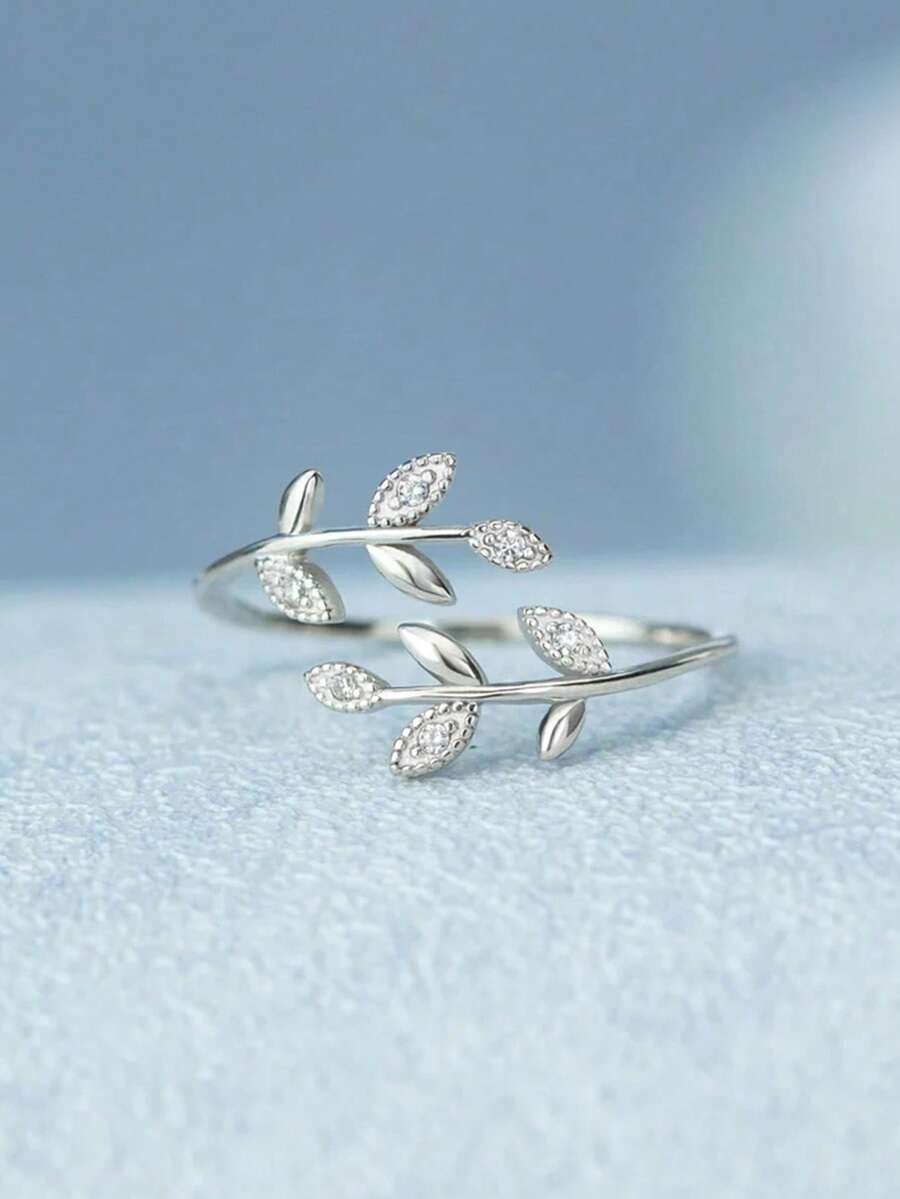 1pc Cubic Zirconia Leaf Adjustable Ring, Suitable For Party Jewelry And Birthday Gift, For Teens - Silver - View 1