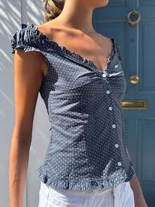 Women's Gingham Plaid Off Shoulder V Neck Short Sleeve Button Front Fitted Waist Peplum Top Ruffle Trim Crop Tops - 藍色 - 查看 3