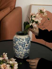 1个大型蓝白复古陶瓷花瓶 - 中式花卉圆形花瓶，适合乡村风格装饰，7.7英寸花瓶，适合千禧一代办公室中心摆件、书架桌面装饰 - 中国瓷器花瓶 - 彩色 - 查看 7