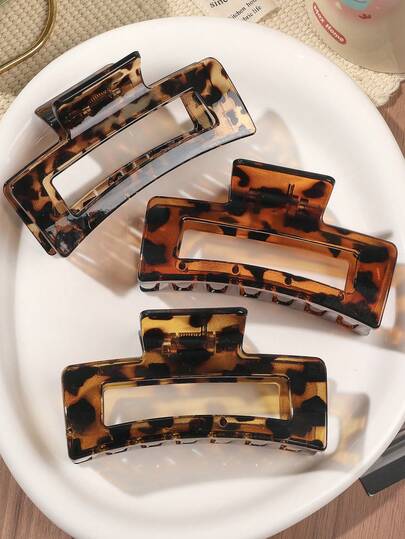 3pcs Transparent Amber Leopard Print Elegant & Chic Oversized Square Hair Claw Clips, Versatile For Everyday Wear, Autumn/Winter Hair Accessories Women Hair Clips Fashion Hair Clutch Casual Hair Jaw Clip