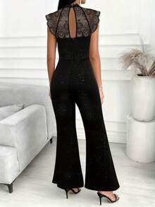 优雅女士黑色无袖阔腿连体裤，饰有蕾丝细节和亮片，长款连体裤，适合春季特殊场合穿着。 - 黑色 - 查看 2