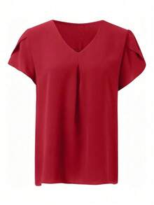 Plus Size Women V-Neck Solid Color Petal Short Sleeve Blouse Summer - Red - View 2