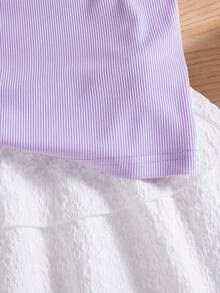 Girls Casual Sleeveless Top With 3D Floral Design And Elastic Waist Layered Umbrella Skirt, Spring/Summer - Purple - View 6