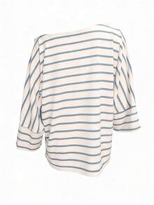 Women's Casual Vacation & Commute Striped Print Irregular Neck Batwing Sleeve Loose T-Shirt, Spring/Autumn - Blue - View 4