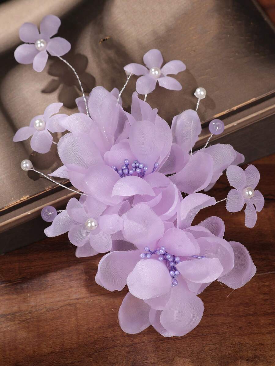 1件手工紫色絲綢雪紡花朵蕾絲髮夾，婚紗攝影棚拍照用頭飾配件