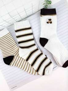 5 Pairs Brown Striped Socks, Mid-Calf Socks For Women, Autumn/Winter - Brown - View 3
