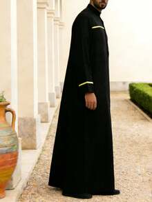 Eid Al-Adha Men's Middle Eastern Robe With Button Closure, Long Sleeve Middle Eastern Thobe, Suitable As Gift For Friends And Family - Black - View 4