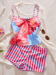 女士吊带比基尼泳衣，夏季条纹芙蓉花印花T恤沙滩上衣，内置胸罩/外套/生日装/休闲装/Y2K/2000年代/千禧年时尚/优雅/老钱风/街头风/度假装/女孩沙滩装 - 彩色 - 查看 6