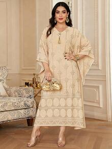 Vestido elegante con cuello en V bordado con borlas, estilo tradicional de Ramadán 2026 para mujeres - Albaricoque - Ver 6