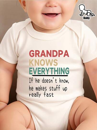 Funny "Grandpa Knows Everything" Print Baby Romper - 100% Cotton Short Sleeve Triangle Jumpsuit For Newborn Boys, Soft Breathable Spring/Summer Outfit, Machine Washable Casual Playwear, Outdoor Baby Romper |   Playful Print Romper |   Pure Cotton Romper, Baby Clothes, Perfect For Outdoor
