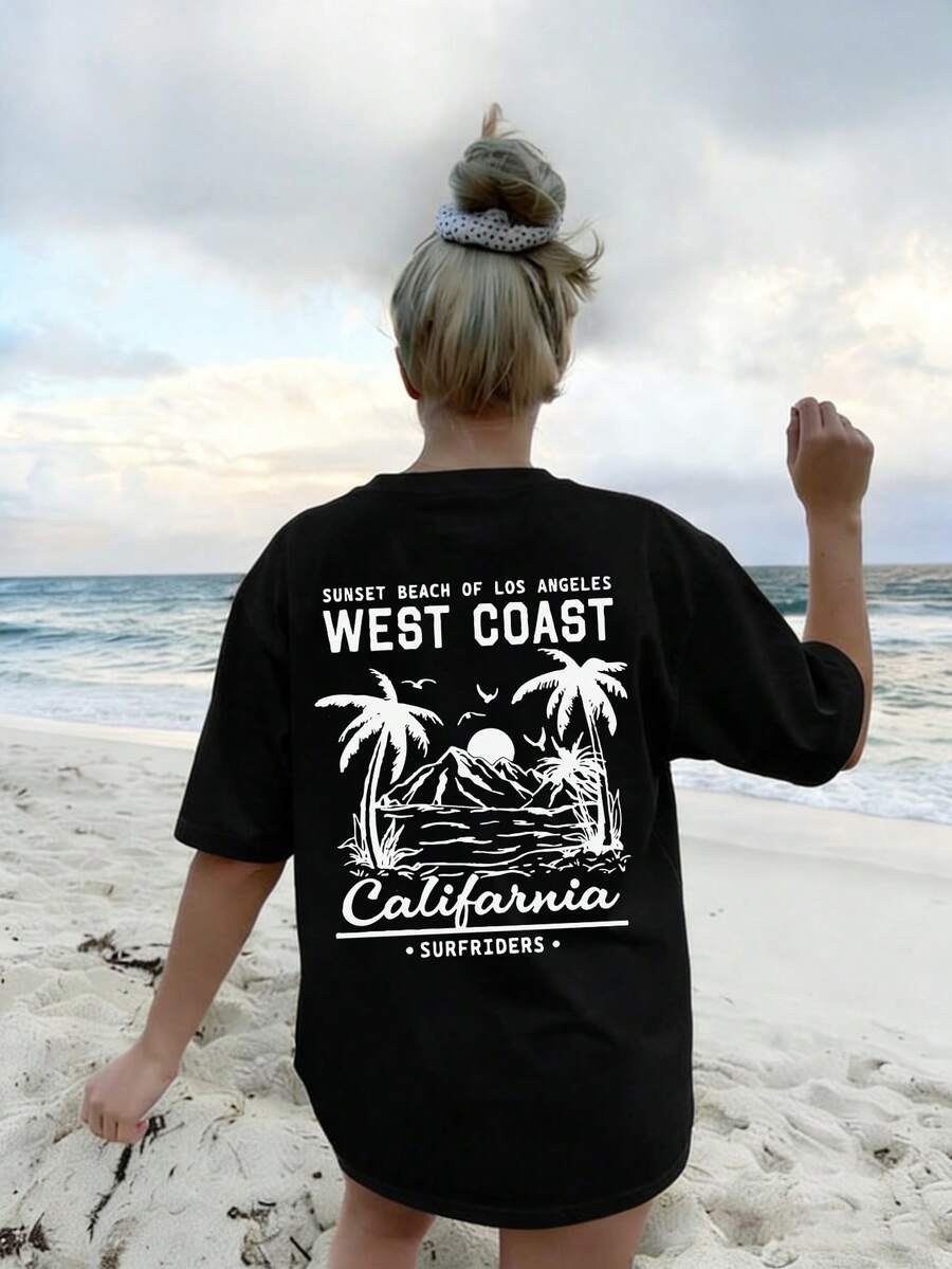 女士新款夏季休闲圆领短袖T恤，简约百搭棕榈树标语印花上衣，适合日常穿着。图案T恤，度假黑色