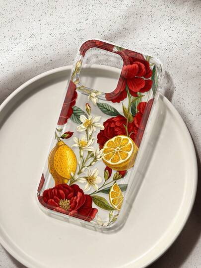 Lemon Red Peony Print Clear Case Compatible With IPhone 13/11/17/17pro/16/14/15/15pro/15 Plus/15 Promax/7plus/8plus/X/Xs Max/Xr/11pro/12pro/13pro/14pro/12mini/13mini/11promax/12promax/13promax/14promax/14plus/17pro Max/17Air/6/6s Plus/7/8/16Pro/16plus/16promax/Se2/17promax&Compatible With Samsung Galaxy/A54/A14/A12/A13/A15/A32/A33/A24/A52S/S20/S21/S22/S23/S24/S23Plus/S24ultra/S25/A15/A33/A23
