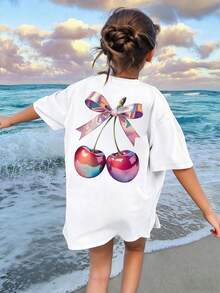 Tween Girl Cherry Print Round Neck Short Sleeve Casual Versatile T-Shirt - White - View 1