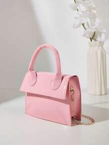 Glossy Patent Leather Chain Strap Handbag - Pink - View 4