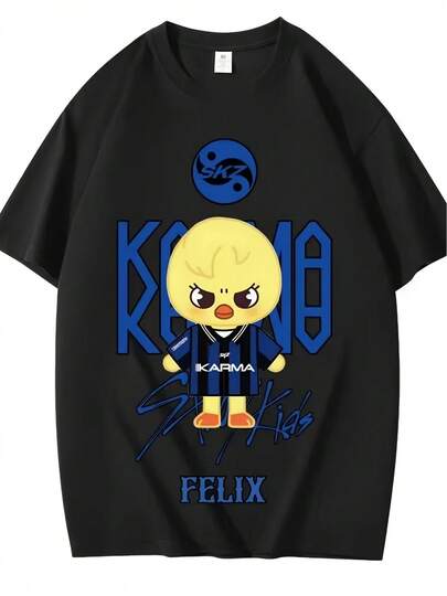 Women's& Men's Cotton Tee, Camisetas Invierno Mujer, Camisa, Baggy Hombre Men'S KPOP KARMA  Graphic T-Shirt - Oversized Tee With KARMA & Felix Cartoon Print, Korean Harajuku Streetwear, Soft Round Neck Short Sleeve Casual Shirt For K-Pop Fans The Perfect Gift For KPOP Fans