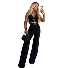 C7499 European And American Fashion Women's V-Neck Decorative Button Belt Top And Pants Set - C7499 - Black - View 1