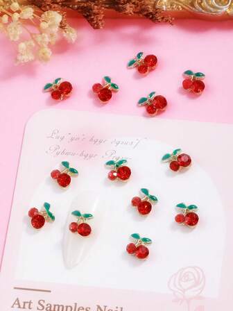 30件/套艺术装饰，春夏樱桃设计，金属迷你樱桃美甲贴纸，Y2K风格美甲饰品，3D日式优雅DIY装饰，短指甲心形美甲装饰，适合女性美甲用品，美甲饰品，美甲宝石