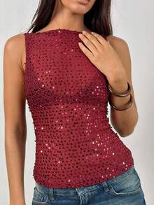 Women's Sequin Tank Tops,Slim Fit Sheer Knitted See Through Tops,Crew Neck Sparkly Camisole Vest Glitter Crop Tank,Stylish Solid Color Casual Sleeveless Vest,Y2K Teen Girl Going Out Mesh Party Shirt Streetwear,Rave Outfits,Suitable For Birthday/Dating/Daily Shopping/Concert/Brunch/Daily Wear/ Summer Vacation - 酒紅色 - 查看 2