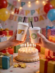 DIY自粘图案纸吸管和纸杯，随机花朵和握手图案，加厚设计，适用于咖啡、茶、聚会、办公室和家庭使用。 - 彩色 - 查看 5