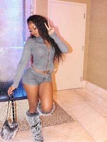 Denim Two-Piece Long-Sleeve Zip-Up Belted Bodycon Shorts Set Spring Summer Valentine's Day Outfit Trajes Elegantes De Mujer Spring Break Outfits - màu xám đậm - Xem 2