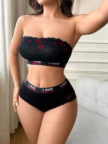 1pc Women Strapless & Unpadded Bralette Set, Comfortable Soft Contrast Lace Design, Women Lingerie Set - Black - View 4