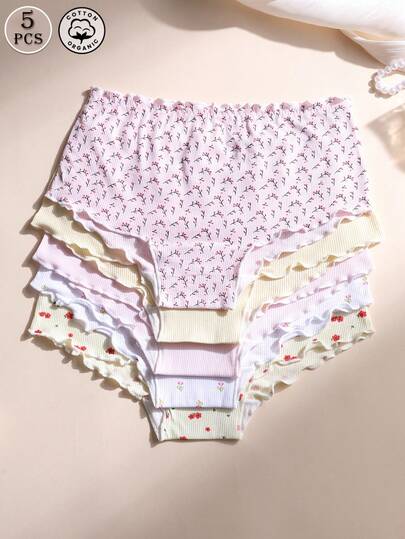 5条/套 花卉印花荷叶边平角中腰内裤，舒适透气，适合瑜伽、运动和日常穿着