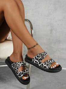 Women's Round Toe Double Strap Buckle Design Thick Sole Black Leopard Print Slide Sandals, Suitable For Indoor, Home, Beach, Vacation, Fashion Versatile Plus Size - Black Leopard Print - View 6
