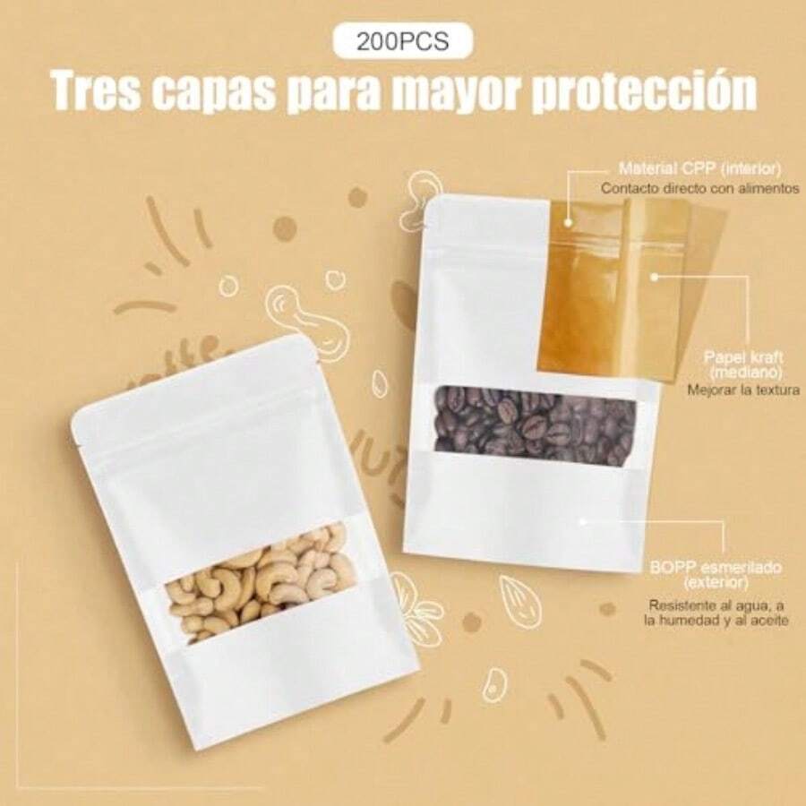 WEWI Bolsas Hermeticas de 200 PiezasBolsas Pouch con Ventana y Cierre Hermético Cremallera Resellables para Dulces Accesorios Aperitivos Joyería Más Blanco 10 * 15 CM - Blanco+12*20 - Ver 1