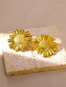 一对复古大向日葵耳钉，金色不锈钢几何耳环，优雅节日珠宝礼物 - 金色 - 查看 11