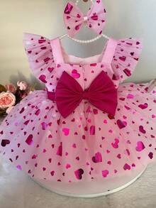 Baby Girls Love & Cap Sleeve Mesh Tulle Princess Party Pink Dress, Elegant Birthday Gift Dress For Girls, Suitable For Birthday, Wedding, Holiday Celebration - Dusty Pink - View 8
