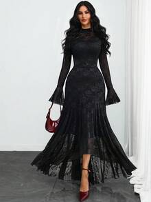 This Elegant And Sexy Vintage Dress For Women Features A Small Stand Collar, Rose Lace Trim, A Double-Layer Hem, And An Asymmetrical Sleeve With A Cutout Petal Design. Suitable For Various Occasions Such As Holidays, Daily Wear, Dates, And Vacations. Black Spring - Black - View 5