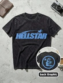 Blue Shooting Star Logo Graphic Tee Unisex Couple Matching Boyfriend Style Hell Star Double Sided Print Electric Color Y2K Aesthetic Acid Washed Cotton Graphic Tees Men Oversized T Shirt Summer Outfits Camisetas Para Hombre - màu đen - Xem 1