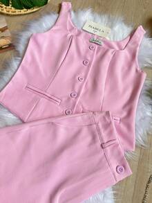 conjunto marrant colete curto com short saia feminino SP053 - Rosa chiclete - Visão 6