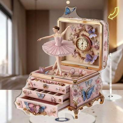 360 Degree Rotating Elegant Acrylic Music Box, Featuring Ballerina And Butterfly Floral Scenes - Ideal For Indoor/Outdoor Desktop Decor, Suitable For Home, Office, Wedding, Birthday Gifts, 2D Flat Design, Retro Aesthetics
