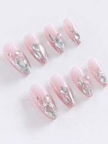 24 piezas de uñas con forma de almendra, estilo fresco y puro de verano, con diseño pintado, completamente cubiertas, hechas a mano con polvo brillante y diamantes, incluye un juego de herramientas para uñas. Adecuado para que las niñas y mujeres lo usen en fiestas, bailes, vacaciones y en la vida diaria