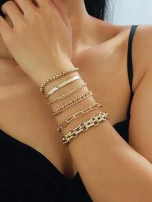 Set de 6 piezas de pulseras de cadena dorada minimalista clásica para mujeres, con estilo versátil para combinar y mezclar - Amarillo Oro - Ver 1