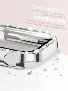 Compatible With Apple Watch Bands 49mm 46mm 45mm 44mm 42mm 41mm 40mm 38mm, Suitable For Women, Fashionable Rhinestone D-Shape Metal Watch Band + Shiny Rhinestone Shockproof And Scratch-Resistant PC Watch Case With Tempered Glass Screen Protector, Compatible With Apple Watch Series Ultra 3/2/1 11 10 9 8 7 SE3 6 5 4 3 2 1 - Silver - View 8