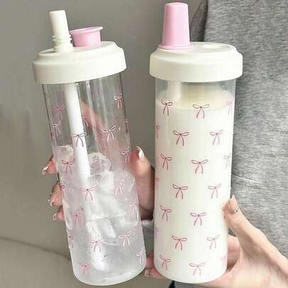1个粉色蝴蝶结装饰500ml/700ml水瓶，珍珠奶茶风格夏季水杯，大容量加粗吸管塑料杯，适合女性和学生，旅行、日常使用、户外露营，女性礼物