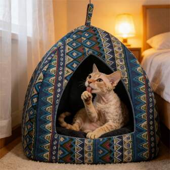 1pc Blue Bohemian Print Reversible Lightweight Pet Bed, Suitable For Small To Medium Cats, All Seasons